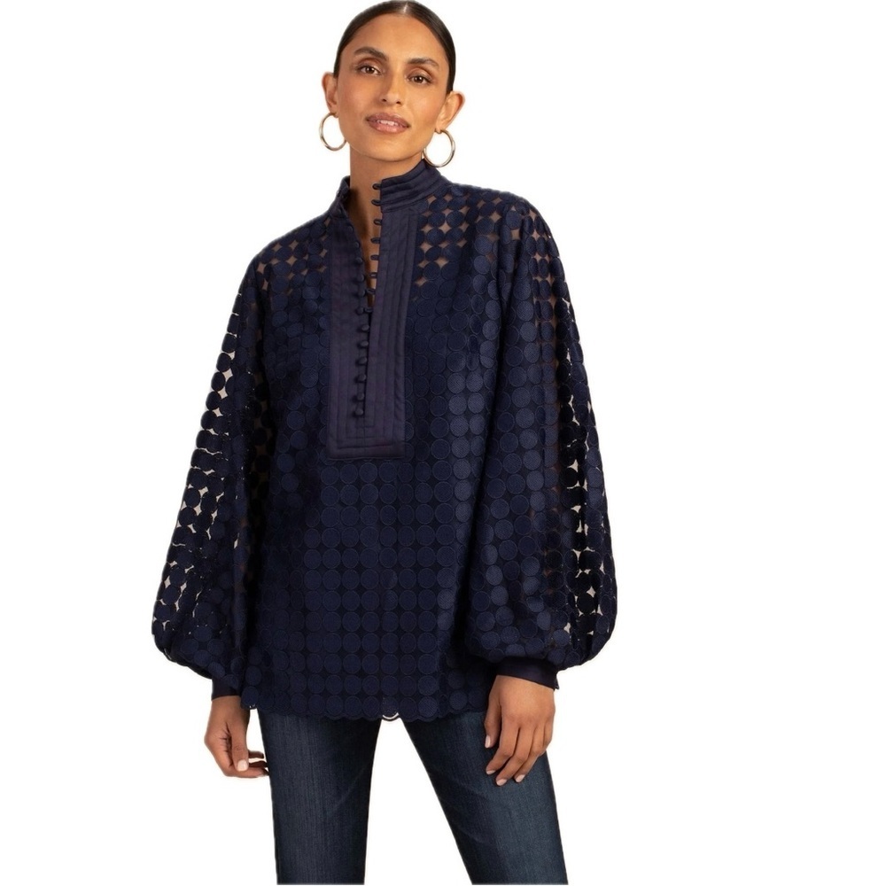 trina turk bianca blouse navy blue sheer workwear business casual long sleeve